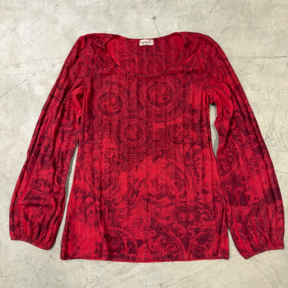 One World Live and Let Live Red Paisley Print Long Sleeve Blouse Top Large